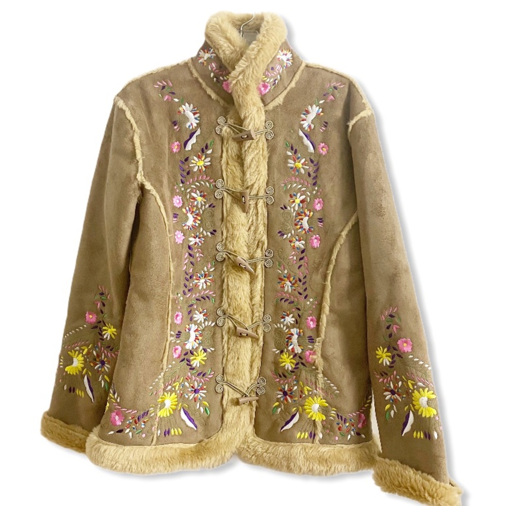 Boho Coat Floral Embroidered Faux Fur Tan  S